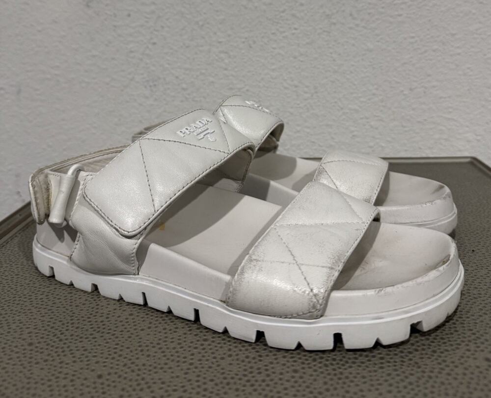 Prada Quilted Monolith Slung back Leather Sandal Sport Nappa Leather White Sz 38